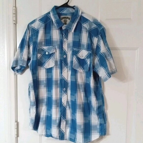 Company 81 Button Up Men's XXL Blue And White Plaid Short Sleeve Shirt Slim Fit - Picture 1 of 7
